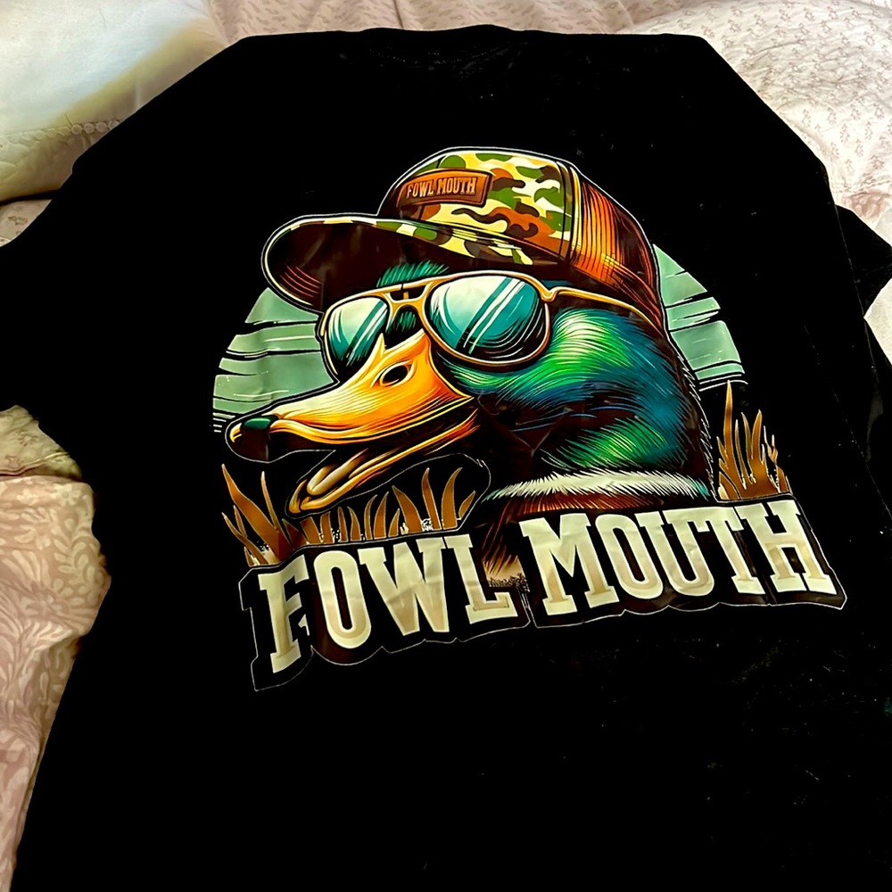 Black XL T-shirt  with “Fowl Mouth” duck on the front.